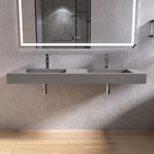 59 in. W x 19 in. D x 4 in. H Solid Surface Bathroom Double Wall-Mount Sink/ Vessel Sink in Gray with Faucet Hole