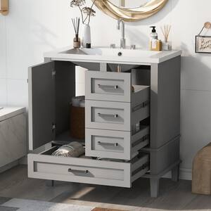 18 in. D x 30 in. W x 34 in. H Bath Vanity in Gray with White Resin Single Sink Set a Soft Closing Door and 3-Drawers