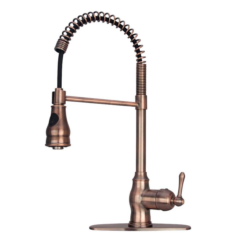 Akicon Single-Handle Pre-Rinse Spring Pull-Down Sprayer Kitchen Faucet in Antique Copper
