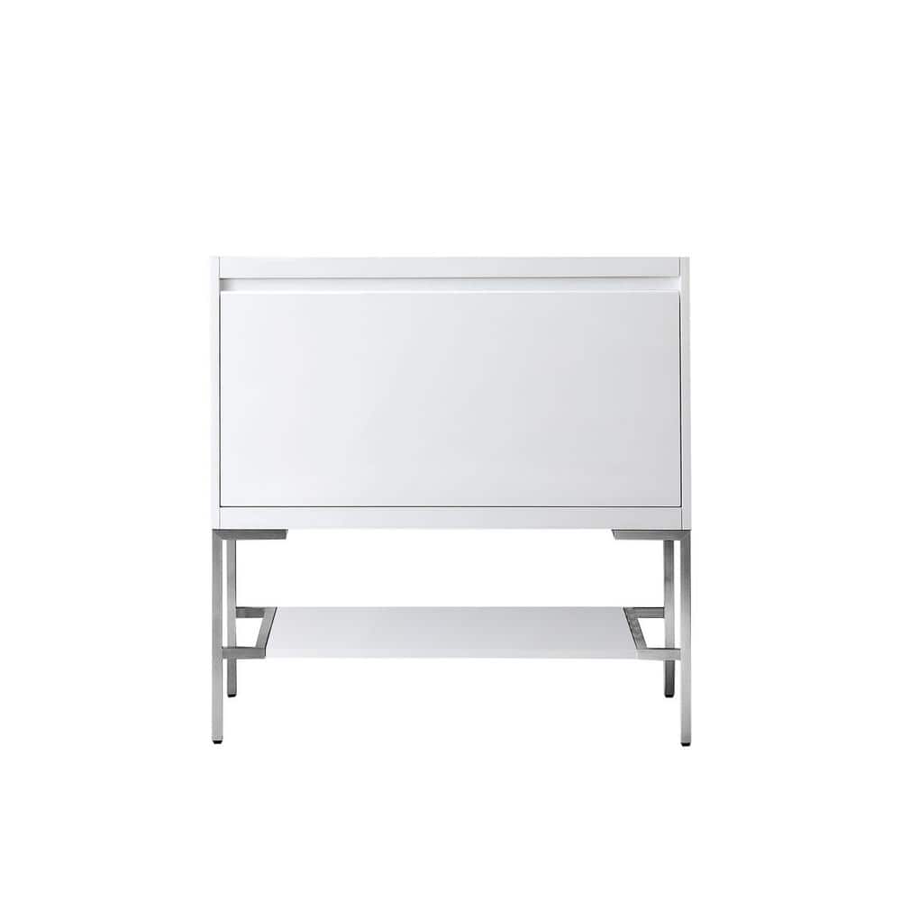 Glossy White and Brushed Nickel Single Bathroom Vanity Base, 36-inch