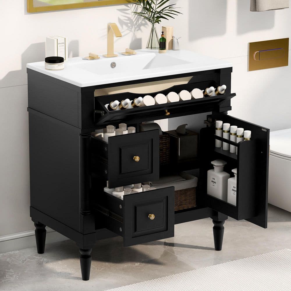 30 in. Single Sink Freestanding Black Bath Vanity with White Ceramic Sink Top, Bathroom Cabinet with Flip Drawer price history on PriceWatchPro