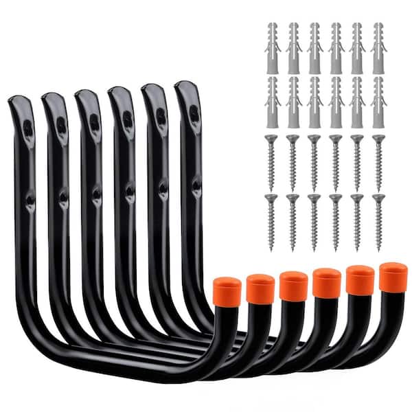 6 Pack 4.33 in. Black Powder Coated Metal Wall Rack with 12pcs Screws and Anchors, Garage Utility Hooks