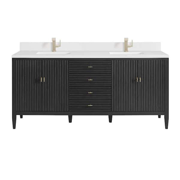 James Martin Vanities Myrrin 72.0 in. W x 23.5 in. D x 34.06 in. H Double Bathroom Vanity in Carbon Oak with White Zeus Quartz Top