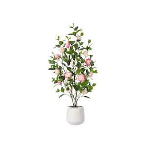 Artificial 4 ft. Camellia Tree with 9 in. White Planter, Tall Fake Camellia Trees with Pink Flowers