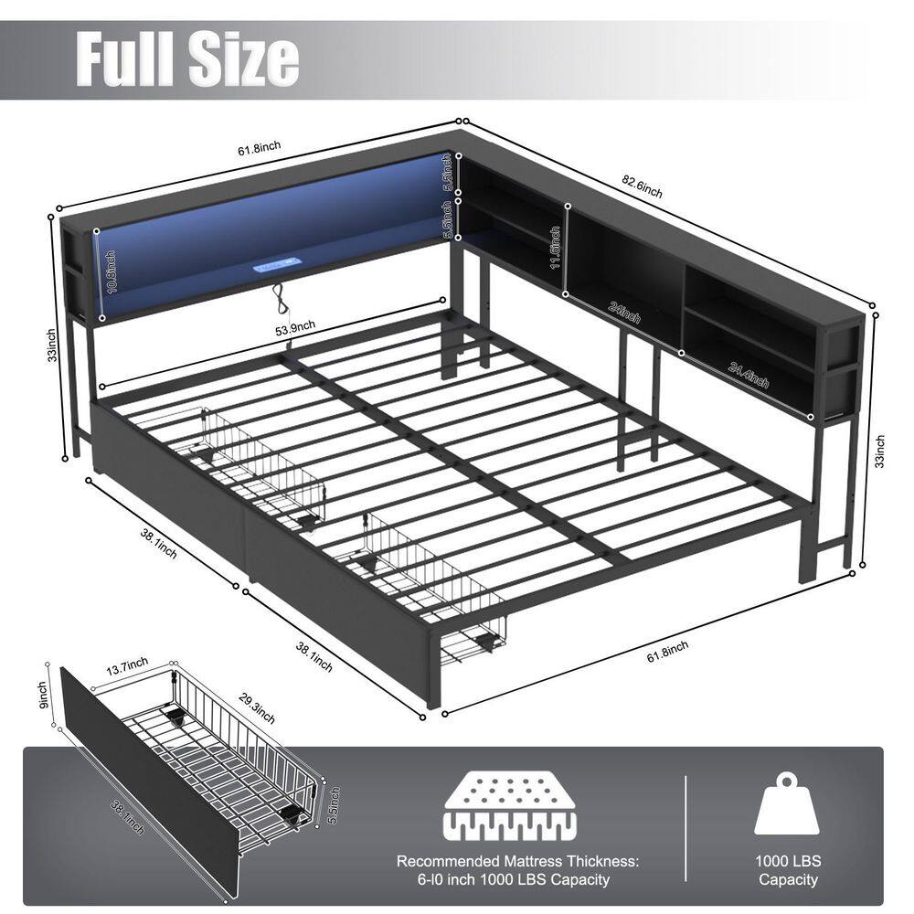 Black Full Daybed with Storage Drawer, Corner Bed Frame with Storage Bookcase, Kid Bed with Charging Station, LED Light price history on PriceWatchPro