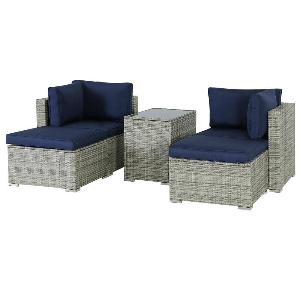 5-Piece Gray Wicker Outdoor Sectional Set with Blue Cushions and Coffee Tab