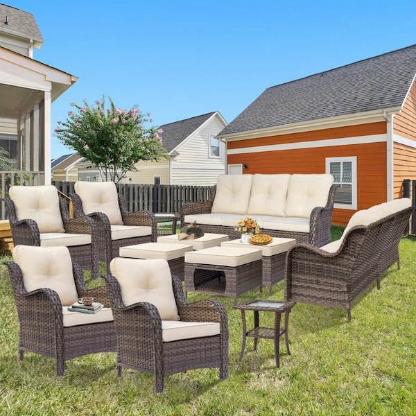 Brown 12-Piece Wicker Patio Conversation Set Outdoor Rattan Sofa Lounge Chair Ottoman and Side Table with Beige Cushion