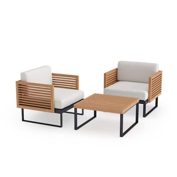 NewAge Products Monterey 3 Piece Aluminum Teak Outdoor Patio Conversation Set with Canvas Natural Cushions and Coffee Table