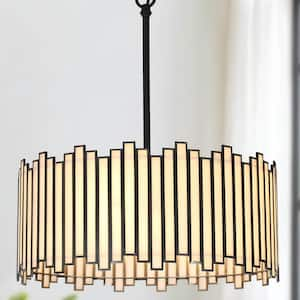 Modern Retro 4-Light Painted Black Ceiling Light Drum Chandelier with Geometric White Stained Glass Shade for Bedroom