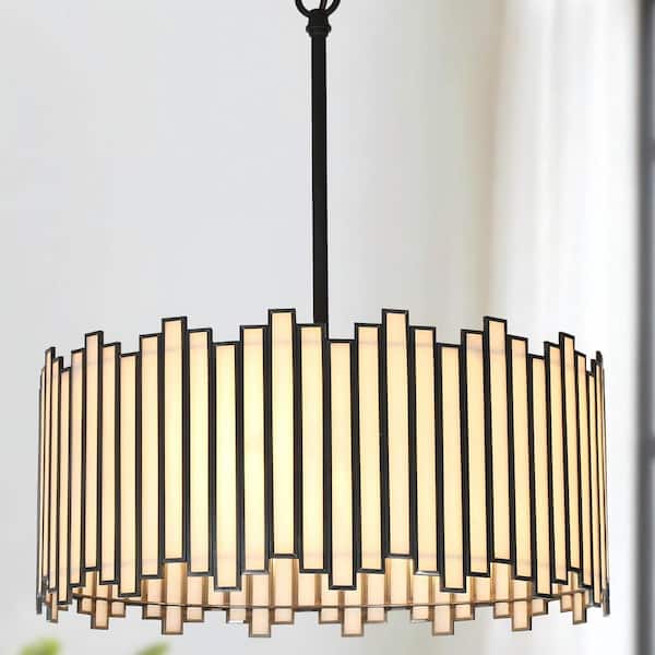 LNC Modern Retro 4-Light Painted Black Ceiling Light Drum Chandelier with Geometric White Stained Glass Shade for Bedroom