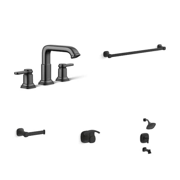 Numista Matte Black Bathroom Set: 8 in. Faucet, 24 in. Towel Bar, Toilet Paper Holder, Robe Hook, Shower Faucet