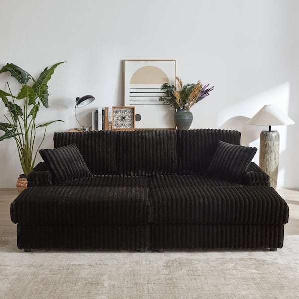 83.8 in. Rolled Arm Velvet Modern Straight 3-Seats Sofa in Black with 2 Pillows