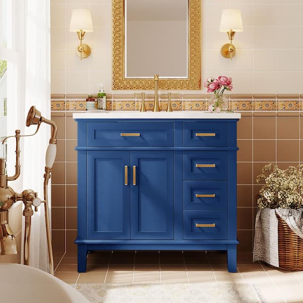 Nivencai 36 in. W x 18 in. D x 35 in. H Single Sink Freestanding Bath Vanity in Blue with White Resin Top, Soft Close Doors