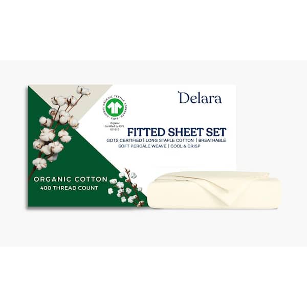 Delara Delara 3-Piece Solid 100% Organic Cotton Percale Weave Breathable Super Soft Ivory Full Fitted Sheet Sets