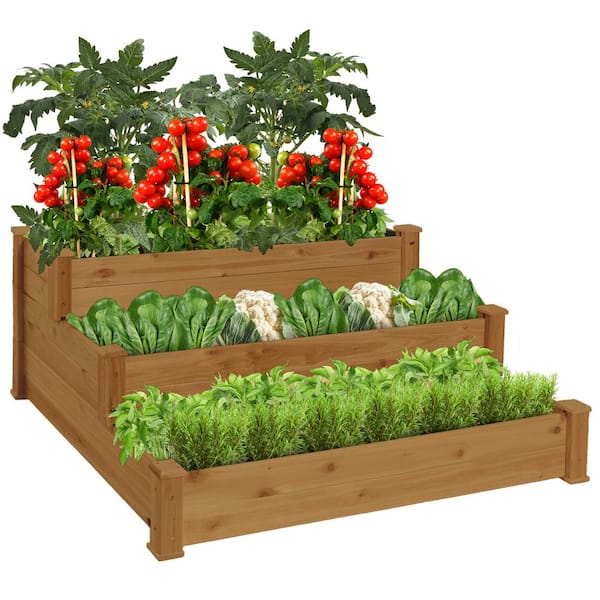 4 ft. x 4 ft. 3-Tier Wooden Raised Garden Bed Planter Kit for Plants,  Vegetables, Outdoor Gardening - Acorn Brown