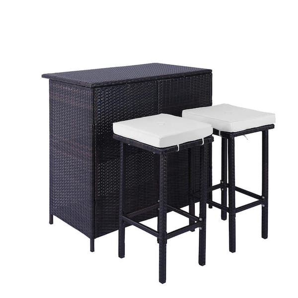 Unbranded 3-Piece Wicker Outdoor Serving Bar Set Patio Dining Set Bar Height Table 2-Stools with Beige Cushions
