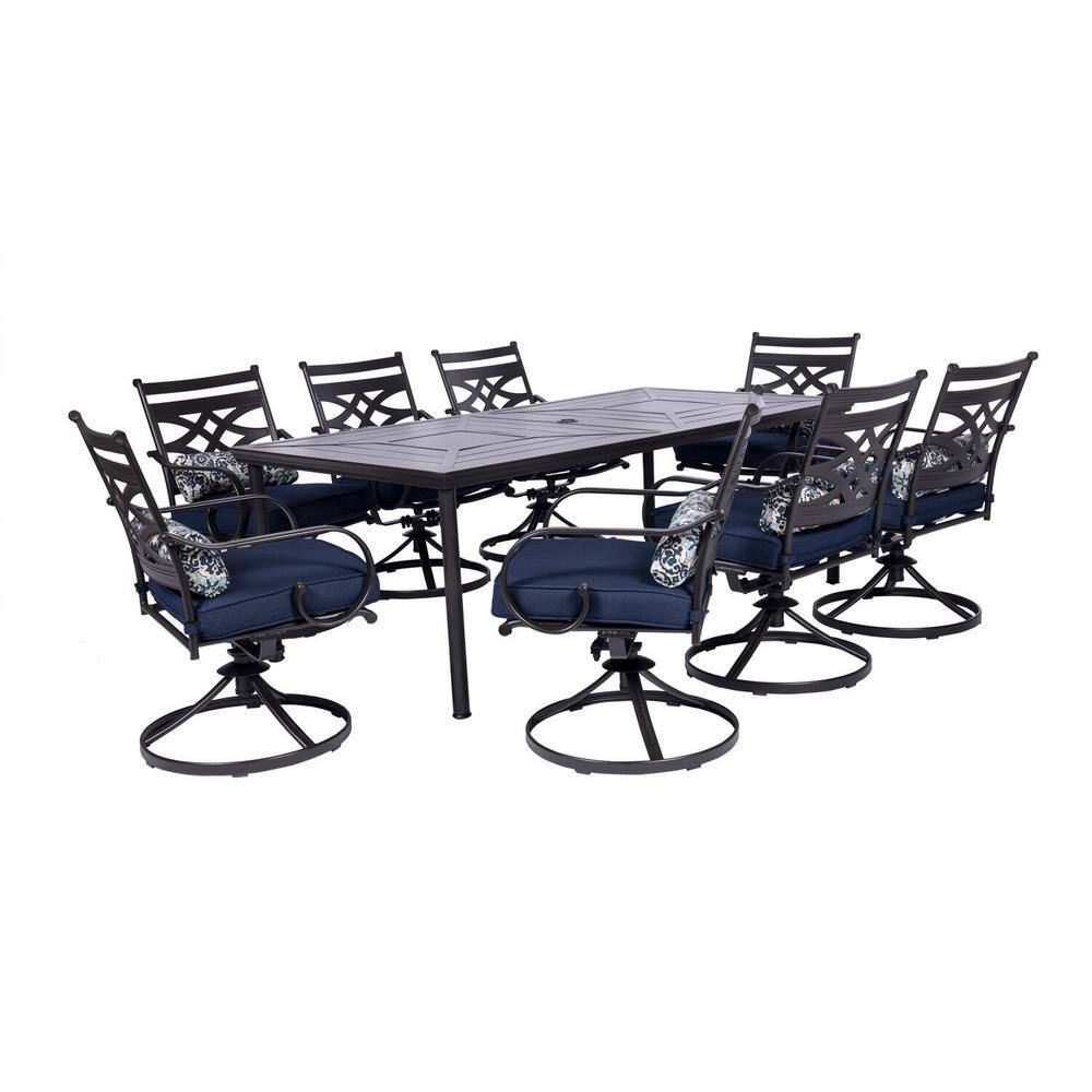 Montclair Navy Blue 9-Piece Steel Outdoor Dining Set with Swivel Rockers