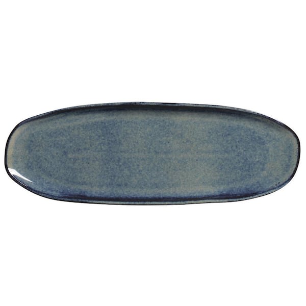 14.17 in. Denim Dark Blue Stoneware Shallow Oval Platter Large Organic (Set of 4)