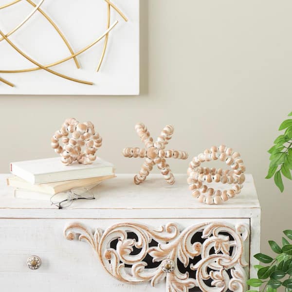 Litton Lane Brown Wood Handmade Beaded Knot Sculpture with Whitewashed Distressing (Set of 3)