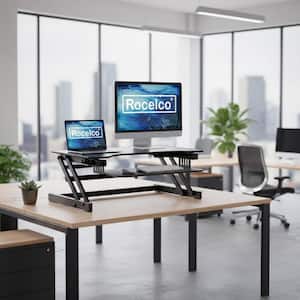 32 in. W Black Height Adjustable Standing Desk Converter Keyboard Tray Up Double Monitor Riser Computer Workstation