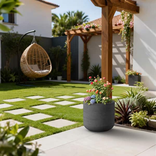 13.5in.W x 12.5in.H Concrete Dark Gray Tall Round Flower Planter Indoor Outdoor Plant Pot with Drainage Holes, Large