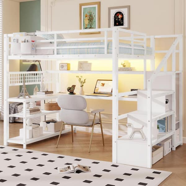 White Full Metal Loft Bed with Staircase and Wardrobe,Desk