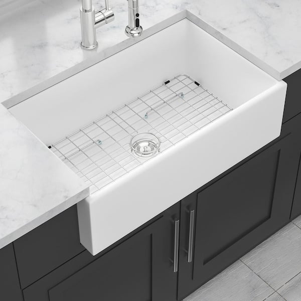 30 in. Farmhouse Single Bowl White Ceramic Kitchen Sink with Bottom Grids
