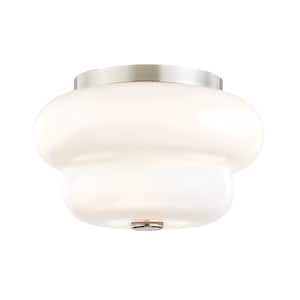 Hazel 6.75 in. 2-Light Polished Nickel Flush Mount with Opal Glossy Shade