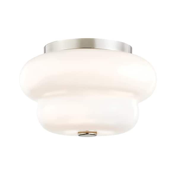 MITZI HUDSON VALLEY LIGHTING Hazel 6.75 in. 2-Light Polished Nickel Flush Mount with Opal Glossy Shade