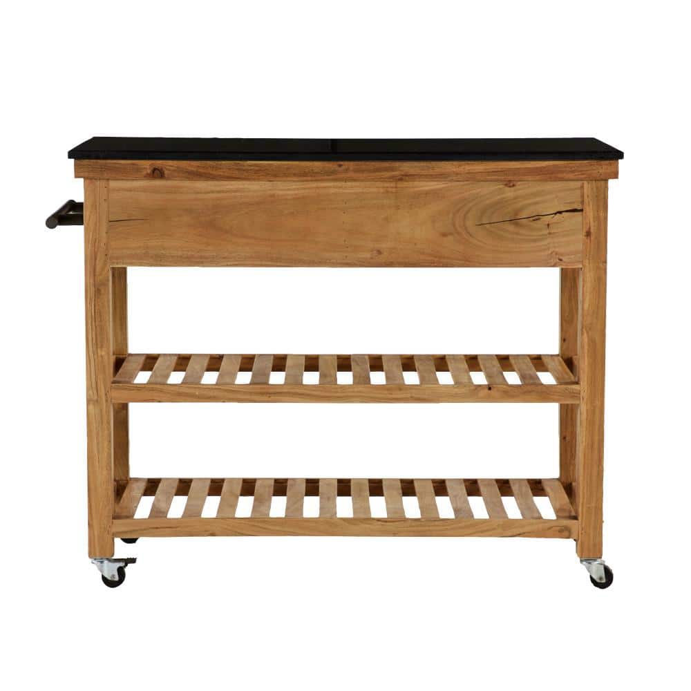 Brown Wood Kitchen Cart with Marble Top and Storage
