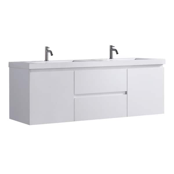 Hood-1D 60.00 in. W x 19.70 in. D x 22.00 in. H Wall Mounting Bath Vanity in White Wood with White Solid Surface Top