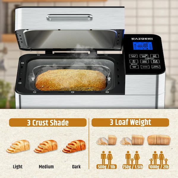 Kitchen in the box Bread Maker Machine, 15-in-1 Breadmaker with Gluten-Free  Setting, 2LB Automatic Bread Machine with Homemade Cycle, Stainless Steel