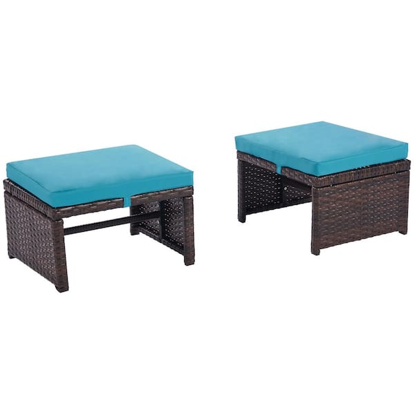 SANSTAR Wicker Outdoor Ottoman Footrest with Lake Blue Cushions (2-Pack)