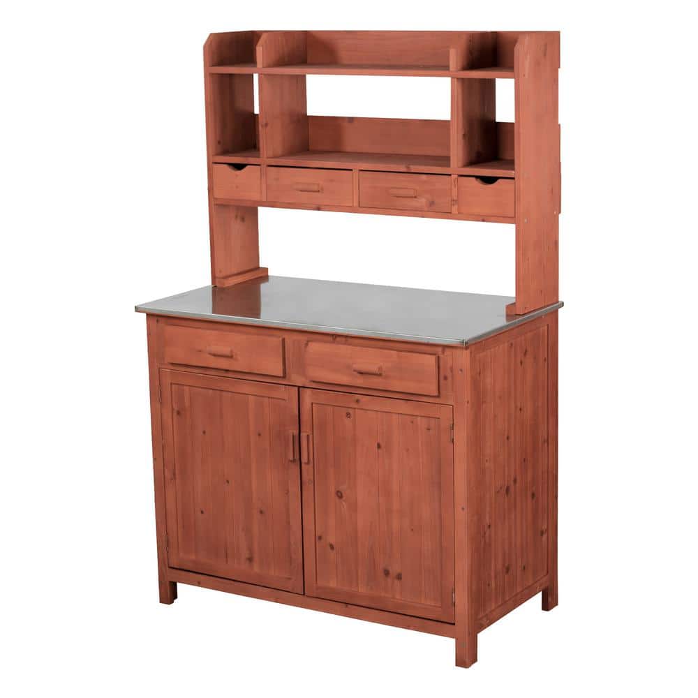 Transitional Solid Wood Outdoor Kitchen Prep Station with Stainless Steel Counter