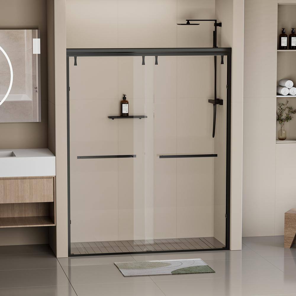 Matte Black Semi-Frameless Double Sliding Shower Door with Clear Tempered Glass