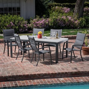Tucson 7-Piece Aluminum Outdoor Dining Set with 6-Padded Sling Chairs and a Faux Wood Dining Table