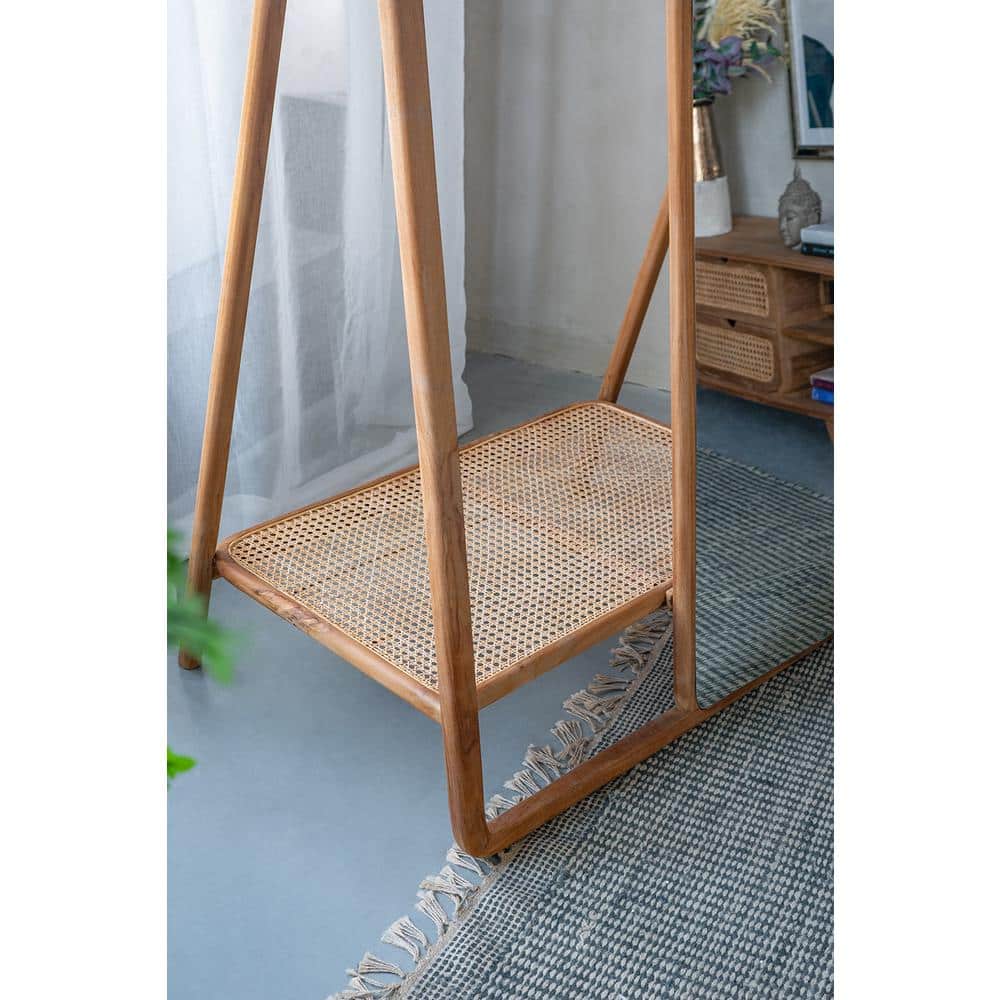 Oversized Brown Wood Framed Standing Mirror with Clothes Hanger