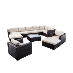 Santa Rosa Multi-Brown 11-Piece Metal Patio Conversation Sectional Seating Set with Beige Cushions