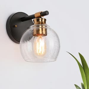 1-Light Indoor Classic Black Wall Sconce, Globe Seeded Glass Modern Bathroom Vanity Light, Farmhouse Brass Bath Lighting