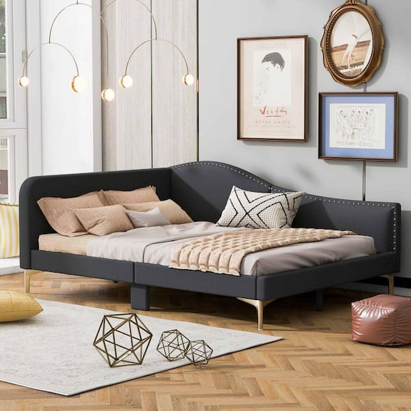 Grey Full Size Upholstered Daybed with Headboard and Armrest