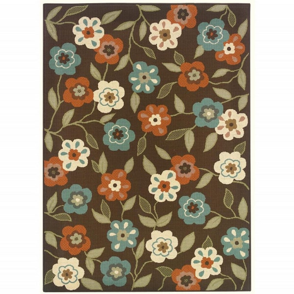 Brown, Ivory 7 ft. x 10 ft. Loomed Floral Polypropylene Rectangle Indoor/Outdoor Area Rug