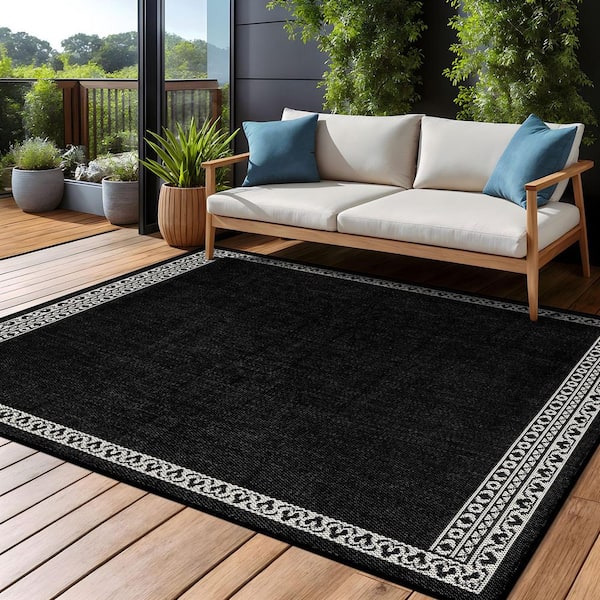Frame Black 8 ft. x 10 ft. Geometric Bordered Washable Indoor Outdoor Area Rug