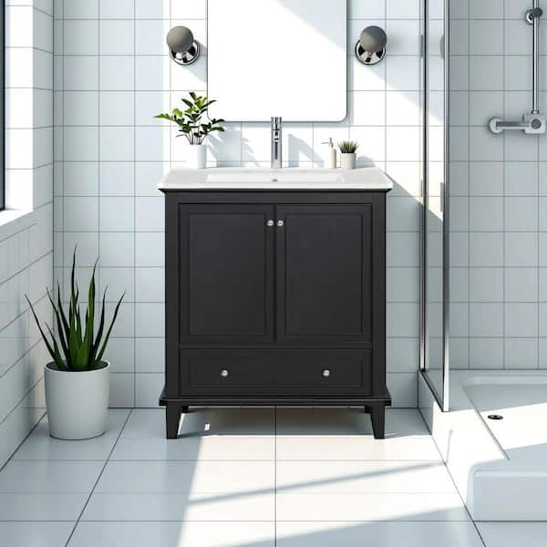 30 in. W x 18.3 in. D x 34 in. H Single Sink Bath Vanity in Black Bathroom Cabinet with Drawer and White Ceramic Top