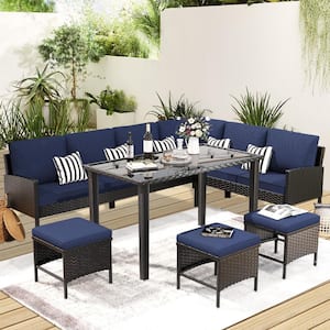 7-Pieces Wicker Patio Conversation Set, Outdoor Furniture Set with Blue Waterproof Cushion for Backyard, Garden