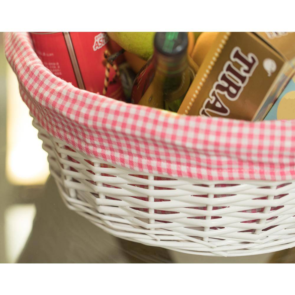 White Wicker Round Basket with Pink Gingham Liner
