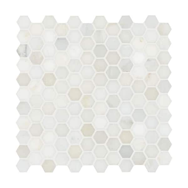 Greecian White 1 in. Hexagon 12 in. x 12 in. x 0.38 in. Polished Marble Mesh-Mounted Mosaic Tile (0.95 sq. ft./Each)