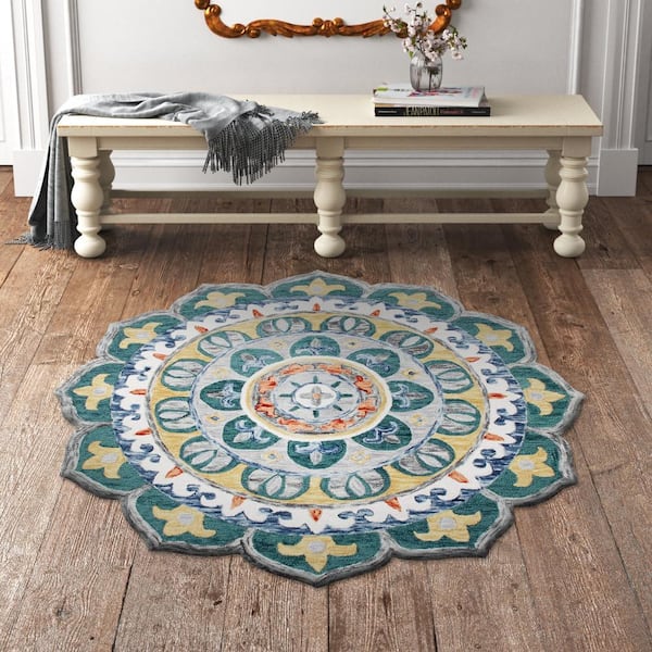 Reviews for LR Home Suzy Radiant Teal/Gray 6 ft. Round Hand Hooked Mandala  Medallion Wool Area Rug