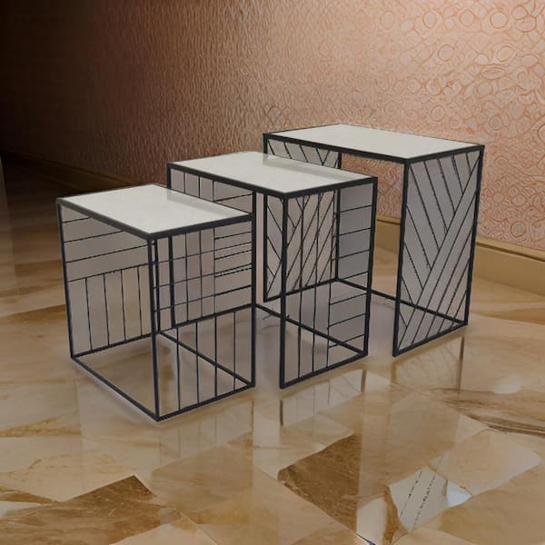 Benjara 21.75 in. Gold Rectangular Faux Tile Plant Stand with 1-Tier (Set of 3)