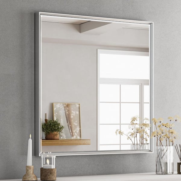 QueenFun 36 in. W x 36 in. H Framed Rectangular Beveled Edge Bathroom Vanity Wall Mount Mirror in Brushed Silver