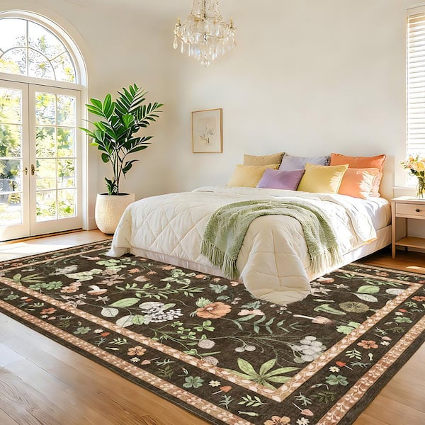 Brown 8 ft. X 10 ft. Modern Floral Washable Low Pile Non-Slip Indoor Carpet for Living Room Bedroom Dining Room Area Rug